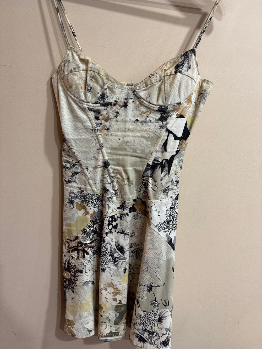 Just Cavalli Printed Satin Slip Mini Dress in Cream, Black and Yellow